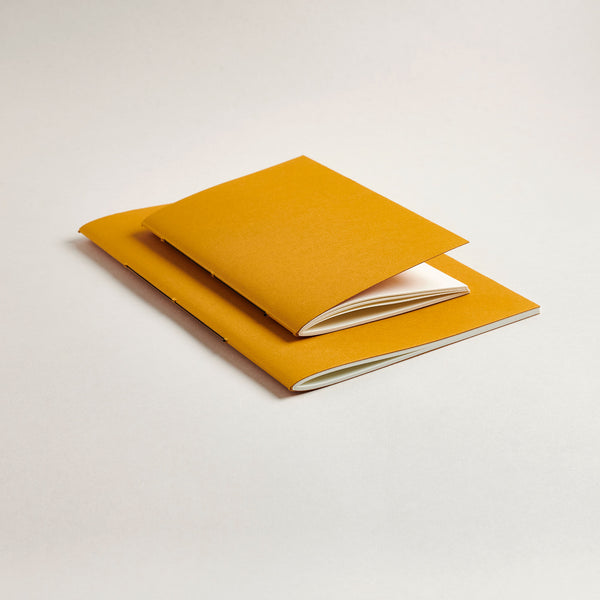 Two mustard yellow notebooks on a light gray background