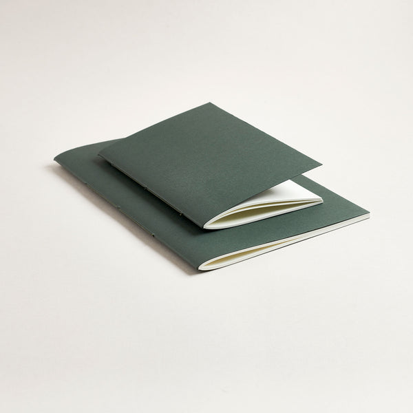 Pair of sequoia grey-green notebooks stacked on a light beige background