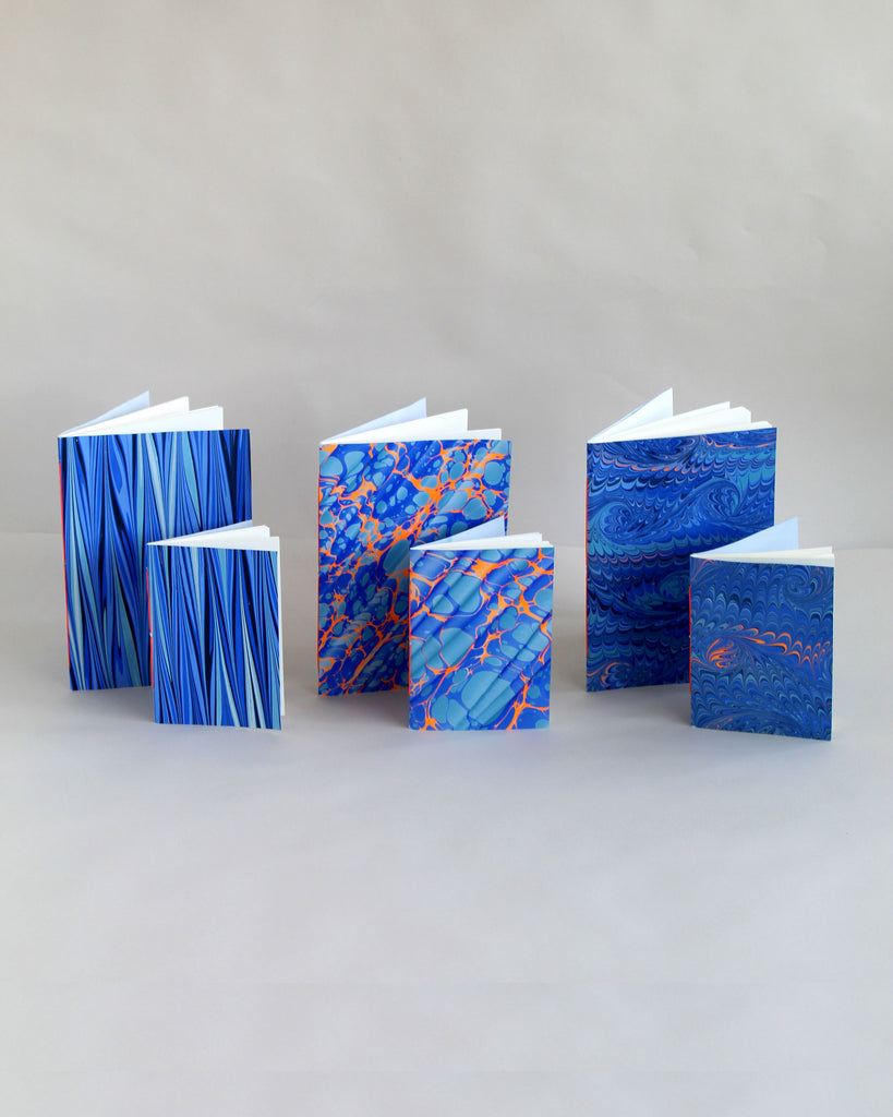 Set of 6 Marmor for Mark+Fold hand-marbled notebooks, in A5 and A6, 48 pages fountain pen friendly paper, bound in suffolk UK