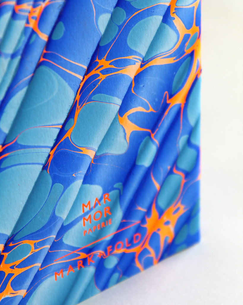 A6 notebook, featuring hand-marbled Rockpool design by Marmor Paperie for Mark+Fold, using the Spanish Wave technique of traditional paper marbling. 48 pages 120gsm fountain pen friendly paper.