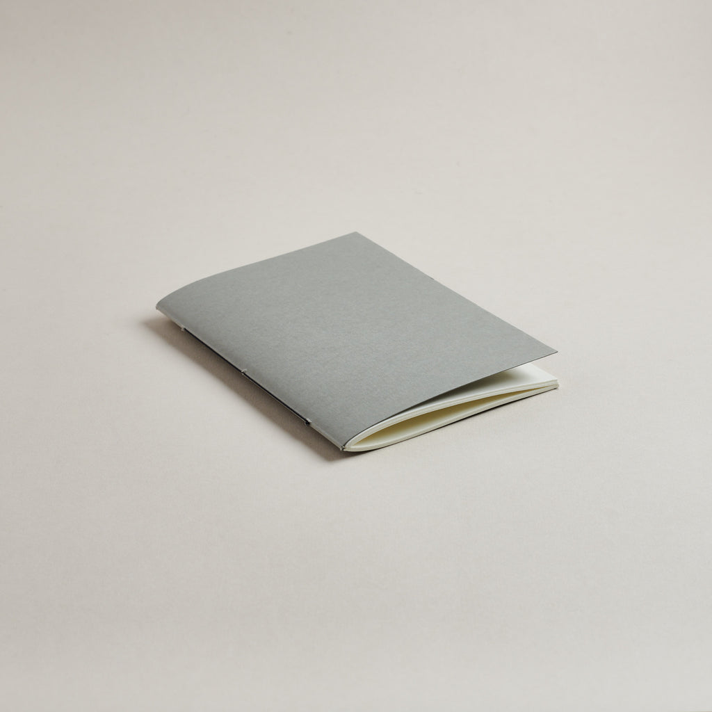 A6 Lichen grey pocket notebook on a light gray background