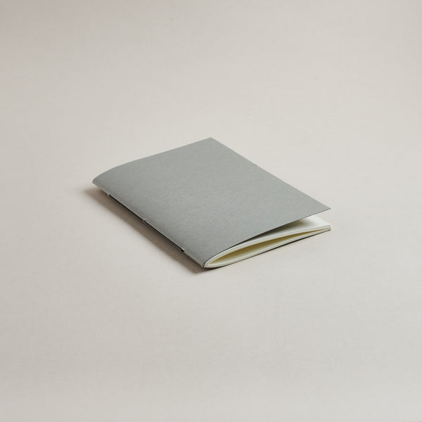 A6 Lichen grey pocket notebook on a light gray background