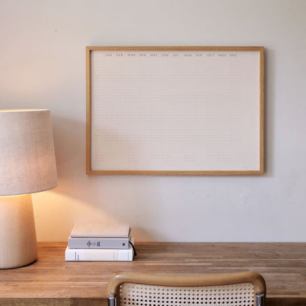 Wall Planner poster in oak frame, above oak wooden desk with Another countrty slow lamp, books, and cArne Jacobsen chair 
