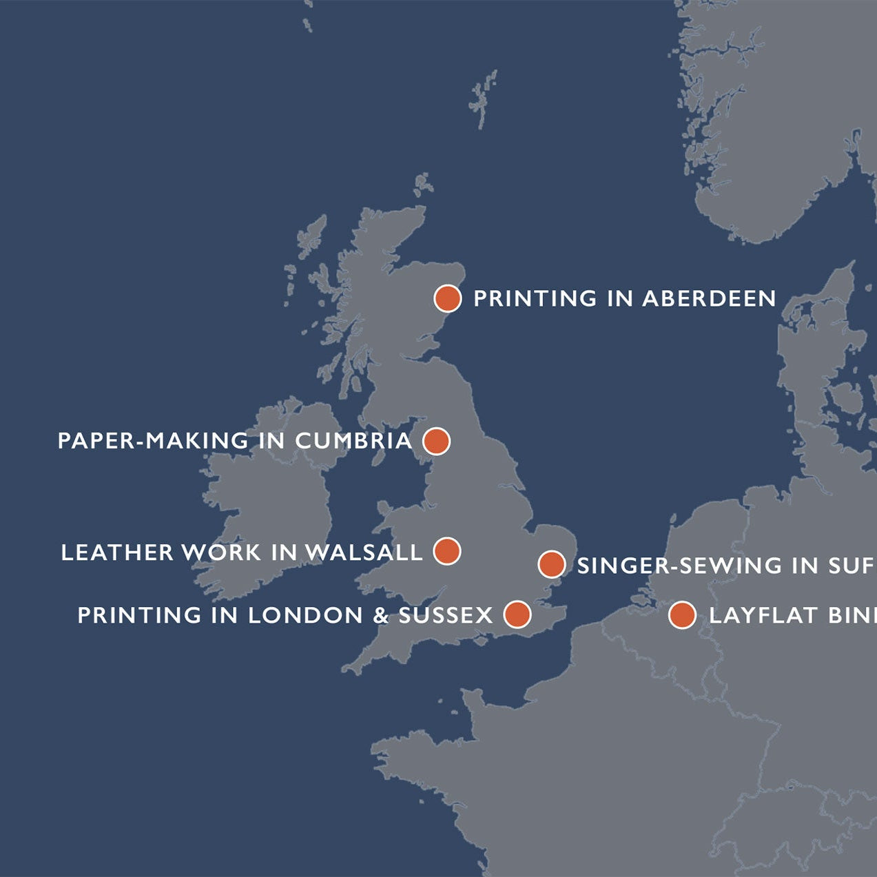 Map of Europe with locations marked for various manufacturing processes.