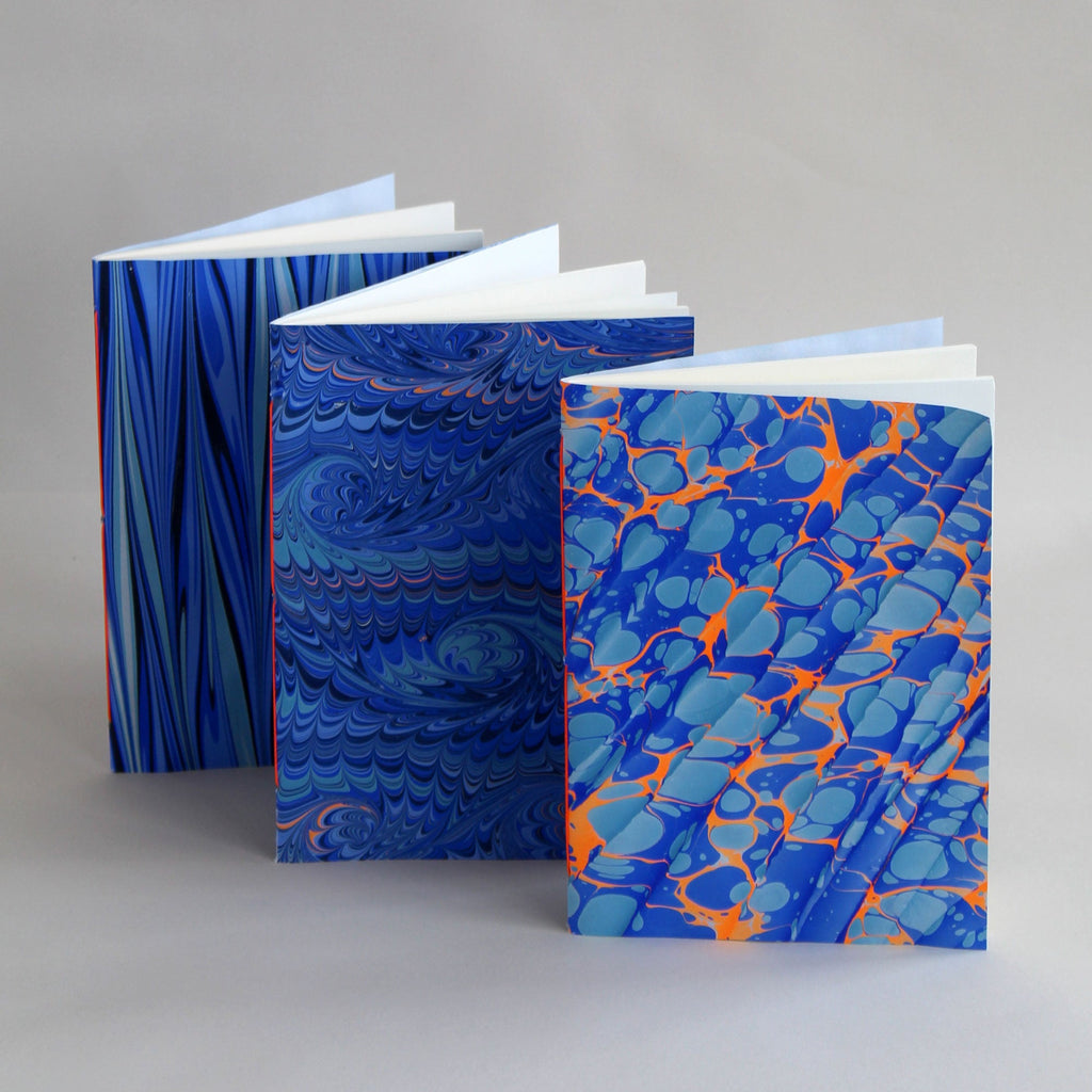 Set of 3 A5 Marmor for Mark+Fold hand-marbled notebooks, 48 pages fountain pen friendly paper, bound in suffolk UK