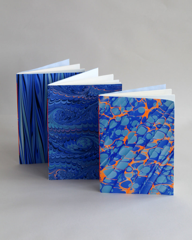Set of 3 A5 Marmor for Mark+Fold hand-marbled notebooks, 48 pages fountain pen friendly paper, bound in suffolk UK