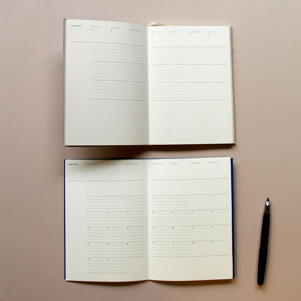 mMark+Fold Diary (top) with week-to-view, and Mark+Fold Monthly Planner (bottom) with month-to-view layout