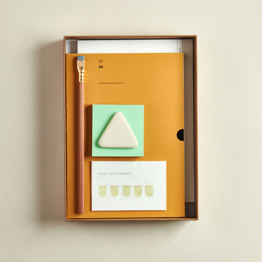 Stationery set with 2026 Diary, blackwing pencils, sticky notes, eraser and brass page markers