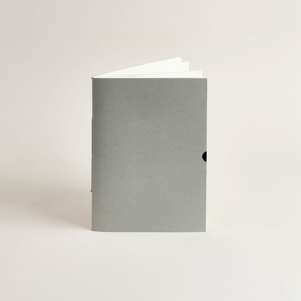 Lichen grey notebook on an off-white background