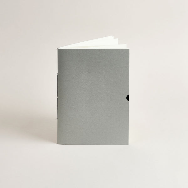Lichen grey notebook on an off-white background