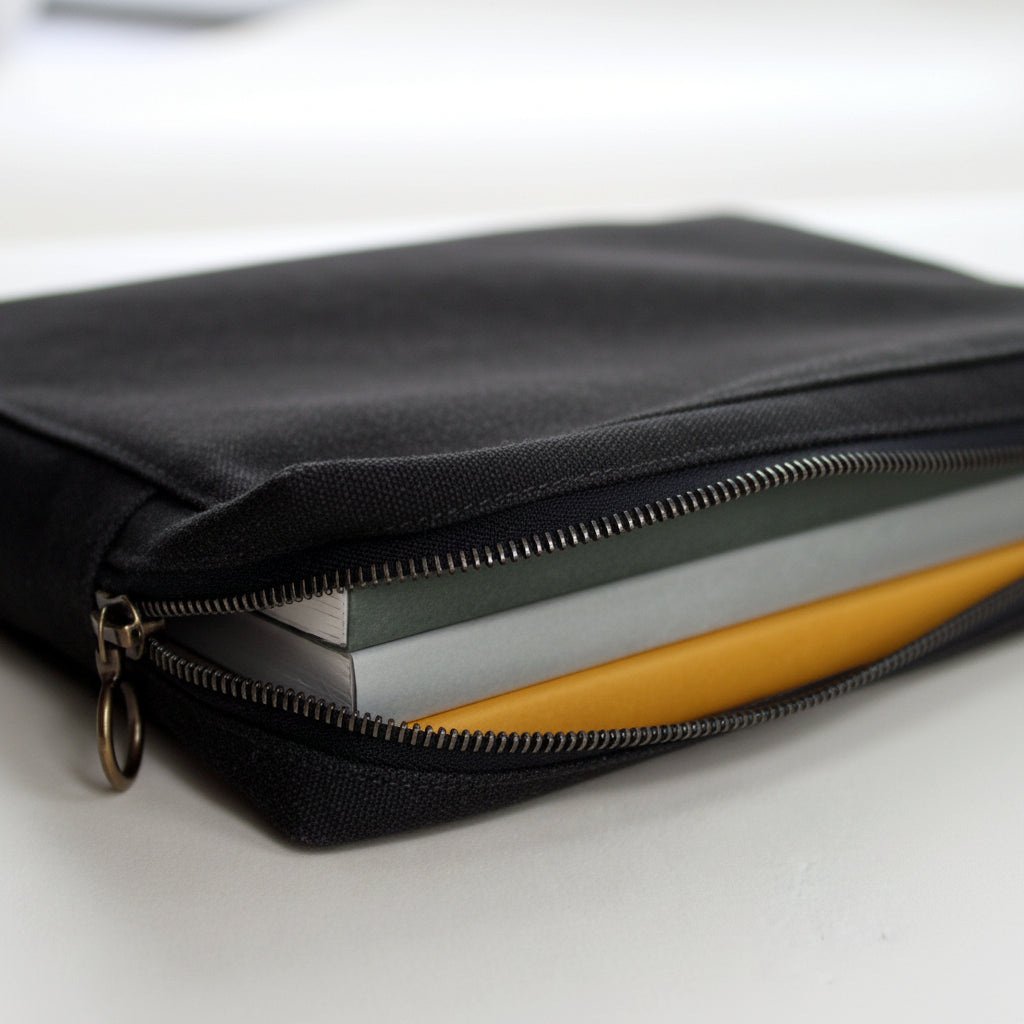 Black canvas pouch with books inside on a light background