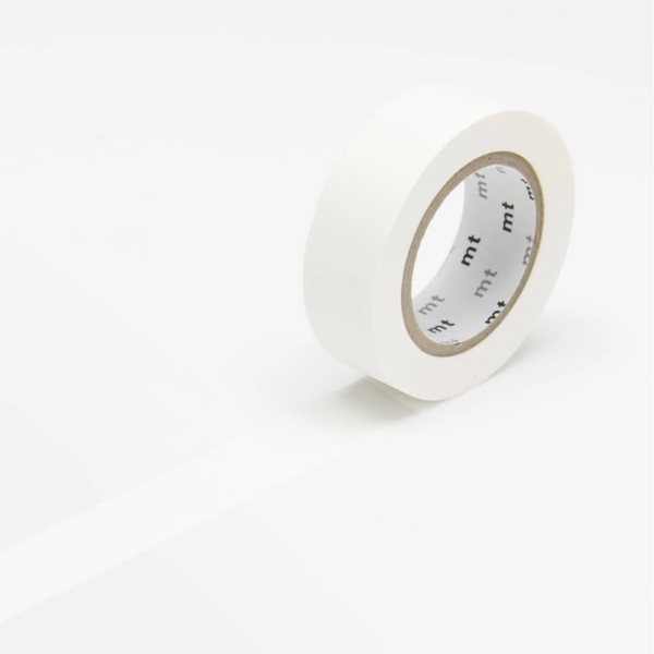 A roll of white washi tape standing upright on a clean white surface, with a matching white strip extending to the left.