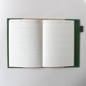 Leather Notebook Cover in Avocado Green. Mark+Fold and Doe Leather, removable notebook diary cover, made in Walsall UK