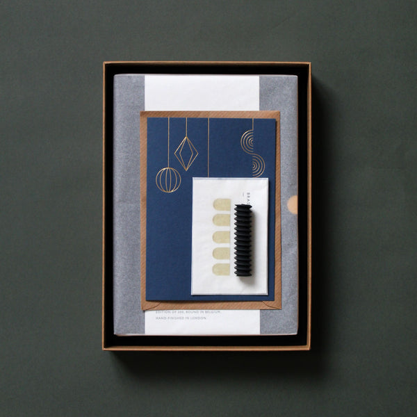 Mark+Fold Stationery Subscription parcel, including notebook / diary, brass pager markers, spiral eraser and pendant card. Gift box, stationery box, stationery subscription
