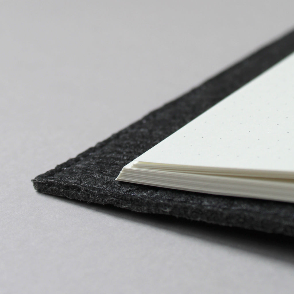 Detail of Black Piñatex material, with layflat Mark+Fold dot grid notebook inside removable cover